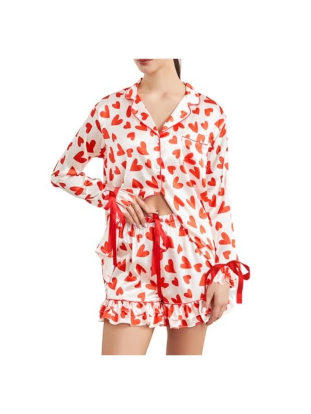 Women Valentine's Day Pajama Set Heart Print Long Sleeve Top Shorts Loungewear